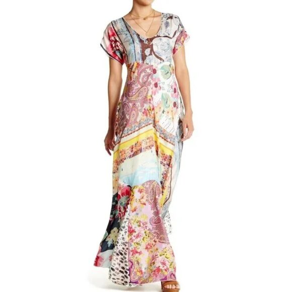 💕JOHNNY WAS💕 Tropic Georgette 100% Silk Maxi Dress ~ Patchwork Print 2X NWT - Picture 8 of 16